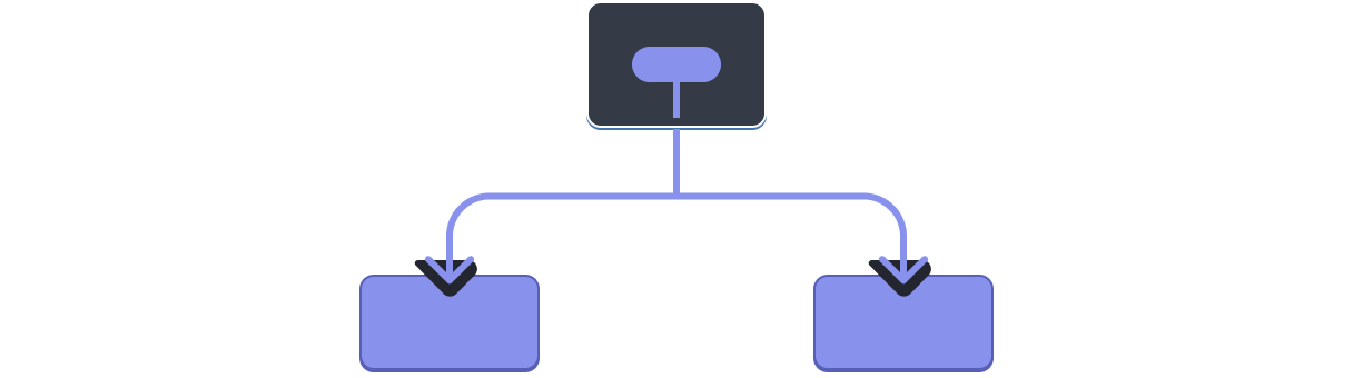 Un diagrama con un árbol de tres componentes. El padre contiene una burbuja que representa un valor resaltado en morado. El valor fluye hacia los dos hijos, ambos resaltados en morado.